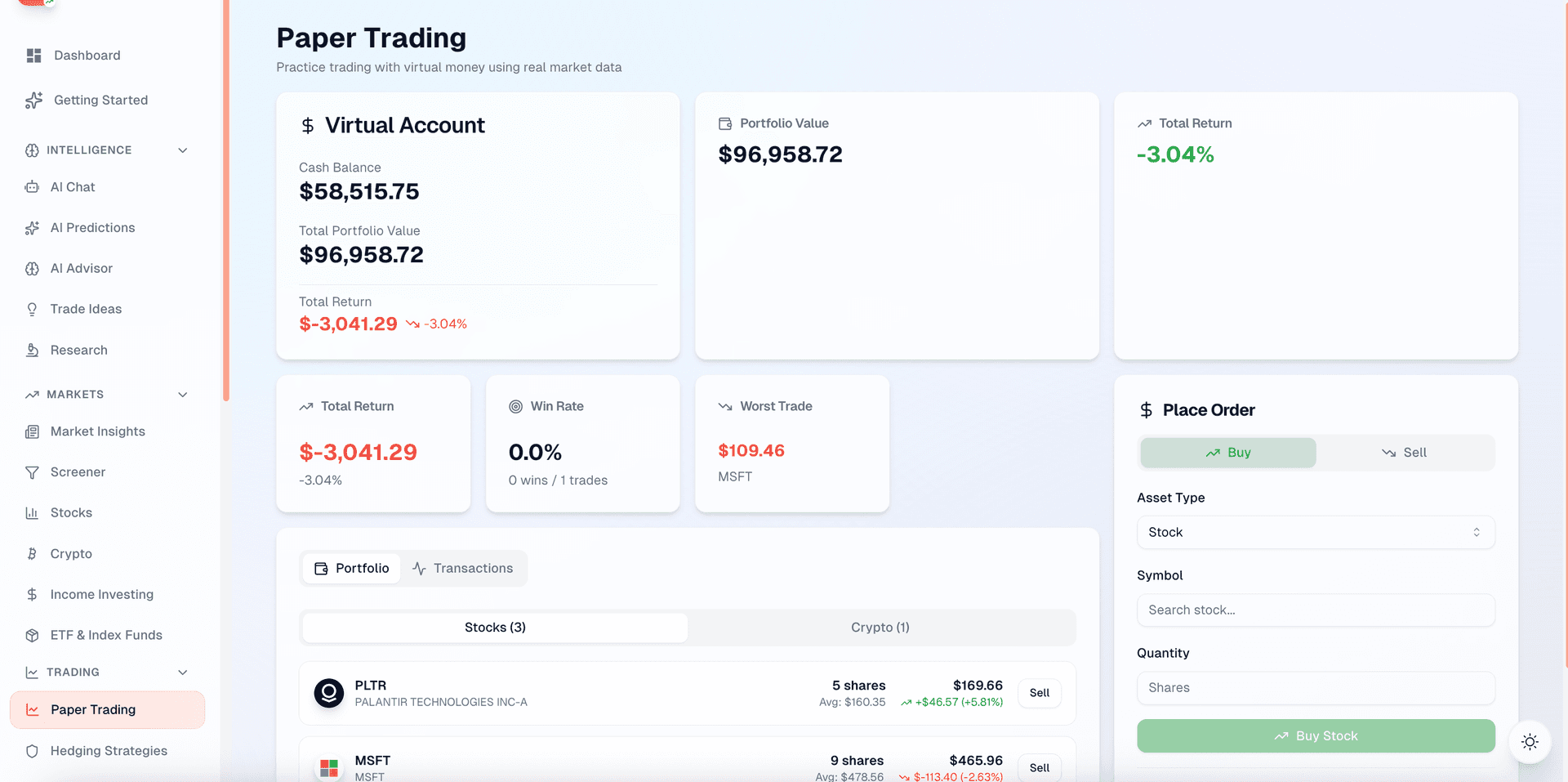 Paper Trading — virtual portfolio with $100K